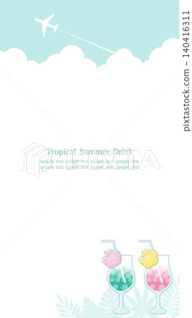 A refreshing summer frame featuring a blue sky and tropical drinks, with a white background and a vertical 16:9 aspect ratio. 140416311
