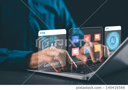 AI content platform smart application digital innovation business productivity creativity artificial intelligence technology helps professional users generate creative media on laptop screen AI content platform smart application digital innovation business productivity creativity artificial intelligence technology helps professional users generate creative media on laptop screen 140416566
