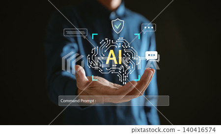 Ai artificial intelligence technology with smart robot brain glows in palm of man, featuring chat bubbles, shield and command prompt for advanced digital machine learning automation Ai artificial intelligence technology with smart robot brain glows in palm of man, featuring chat bubbles, shield and command prompt for advanced digital machine learning automation 140416574