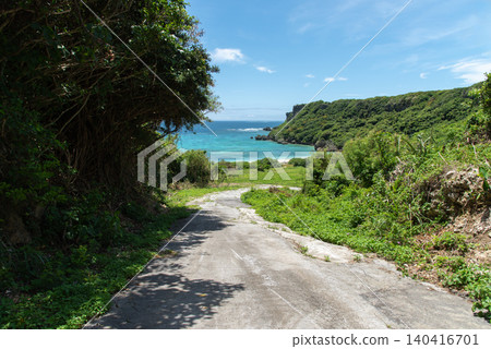 A downhill road overlooking green cliffs leading to the emerald green sea. 140416701