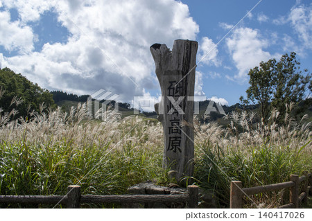 兵庫縣上川町遠峰高原上的木製路標和蒲葦草地 兵庫縣上川町遠峰高原上的木製路標和蒲葦草地 140417026