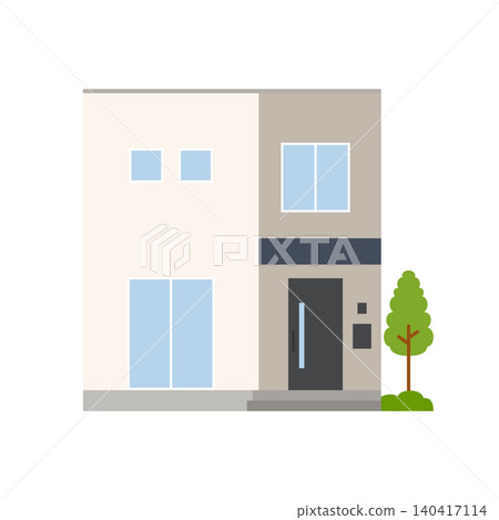 An illustration of the exterior of a stylish, square, cube-shaped house. 140417114