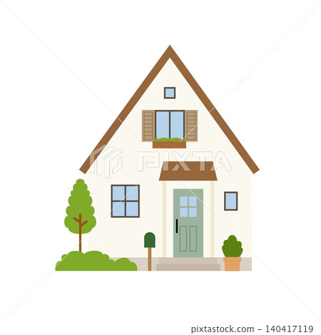 An illustration of the exterior of a cute Scandinavian-style house with a steeply pitched triangular roof and a green door. An illustration of the exterior of a cute Scandinavian-style house with a steeply pitched triangular roof and a green door. 140417119