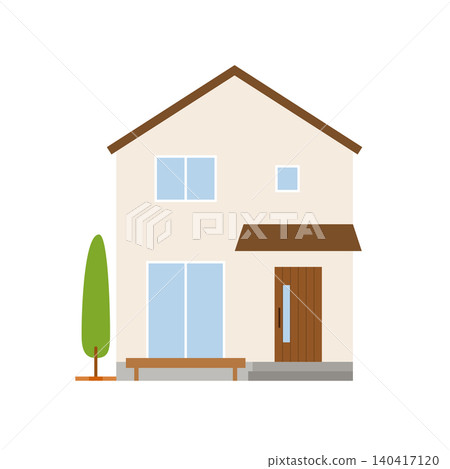 An illustration of the exterior of a natural-looking two-story house with a wooden deck and a symbolic tree. 140417120