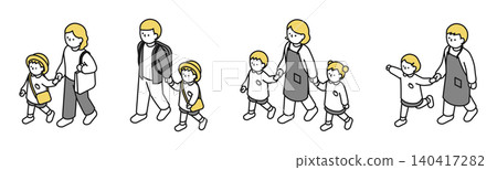 等距插圖:成人和兒童手牽手行走(一組) 等距插圖:成人和兒童手牽手行走(一組) 140417282