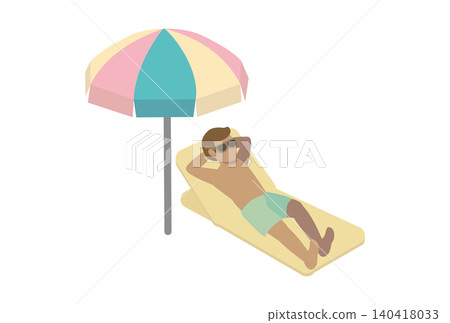 Isometric illustration of a man wearing sunglasses and sunbathing at a swimming pool/sea during summer. Isometric illustration of a man wearing sunglasses and sunbathing at a swimming pool/sea during summer. 140418033