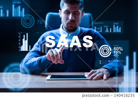 Man interacts with SaaS interface on tablet in office setting during evening hours Man interacts with SaaS interface on tablet in office setting during evening hours 140418235