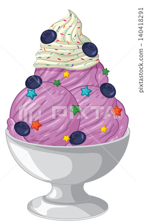 Blueberry Ice Cream Sundae with Whipped Cream and Star Sprinkles Blueberry Ice Cream Sundae with Whipped Cream and Star Sprinkles 140418291