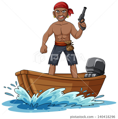 Angry Pirate Holding Pistol on Motorboat in Water Angry Pirate Holding Pistol on Motorboat in Water 140418296