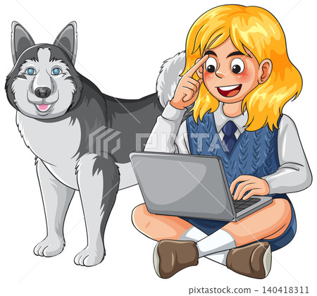 Young Student Using Laptop Computer While Sitting Next To Siberian Husky Young Student Using Laptop Computer While Sitting Next To Siberian Husky 140418311