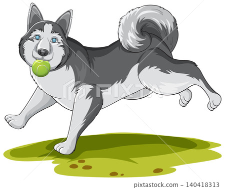 Playful Siberian Husky Running with a Green Tennis Ball in Mouth 140418313