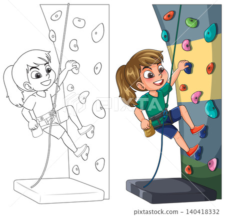 Cartoon Girl Climbing Indoor Rock Wall with Safety Harness and Rope Cartoon Girl Climbing Indoor Rock Wall with Safety Harness and Rope 140418332