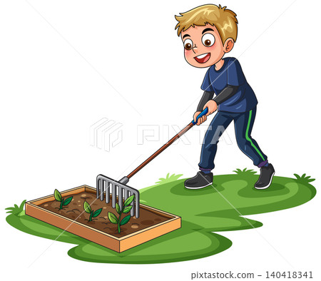 Young Boy Raking Soil in a Small Garden Planter Box Young Boy Raking Soil in a Small Garden Planter Box 140418341