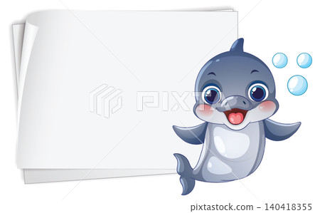 Cute Cartoon Dolphin Character with Blank White Paper Banner Cute Cartoon Dolphin Character with Blank White Paper Banner 140418355