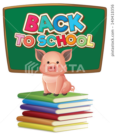 Cartoon Pig Sitting on Stack of Books with Chalkboard Background Cartoon Pig Sitting on Stack of Books with Chalkboard Background 140418356