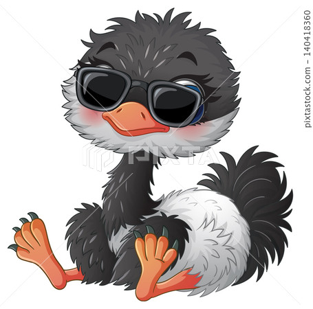 Cute Baby Ostrich Cartoon Character Wearing Sunglasses Sitting Down Cute Baby Ostrich Cartoon Character Wearing Sunglasses Sitting Down 140418360