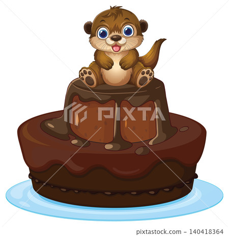 Cute Cartoon Otter Sitting on a Two Tier Chocolate Cake Cute Cartoon Otter Sitting on a Two Tier Chocolate Cake 140418364