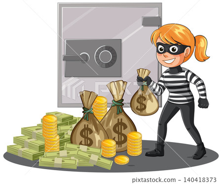Female Burglar Stealing Money from Bank Vault Illustration Female Burglar Stealing Money from Bank Vault Illustration 140418373