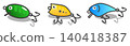 An illustration of artificial lures used in lure fishing as a hobby. 140418387