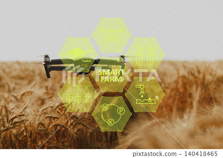 Drones monitor crops on a smart farm to improve efficiency and crop management Drones monitor crops on a smart farm to improve efficiency and crop management 140418465