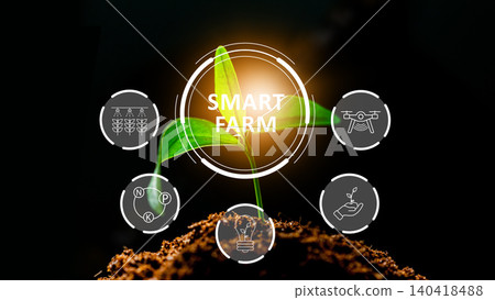 New technology supports growth in smart farm development at sunset New technology supports growth in smart farm development at sunset 140418488