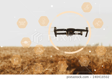 Smart farm technology uses drones to monitor crop health in a wheat field 140418502