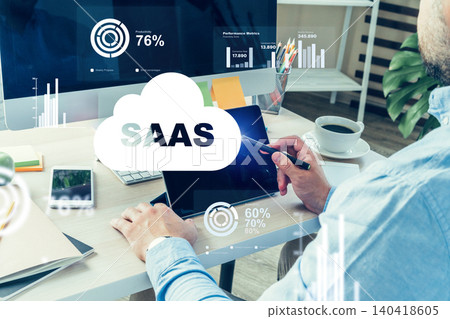 Person working with SaaS software on a tablet at a desk with a computer and coffee Person working with SaaS software on a tablet at a desk with a computer and coffee 140418605