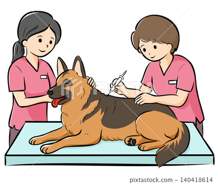 Vector illustration of a large dog (German Shepherd) receiving a checkup at a veterinary clinic, easy to use on websites and catalogs. Vector illustration of a large dog (German Shepherd) receiving a checkup at a veterinary clinic, easy to use on websites and catalogs. 140418614