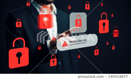 Person interacts with mobile banking warning about suspicious activity detected 140418657