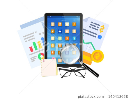 modern digital composition showcasing a tablet screen filled with colorful application icons modern digital composition showcasing a tablet screen filled with colorful application icons 140418658