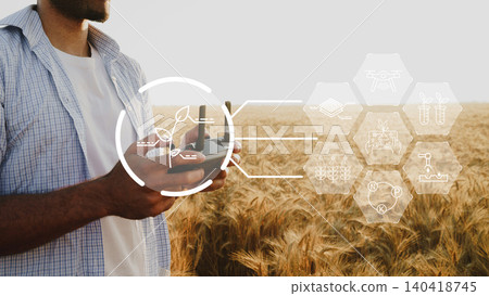 Smart farm technology helps farmer monitor crops using drone in golden wheat field Smart farm technology helps farmer monitor crops using drone in golden wheat field 140418745