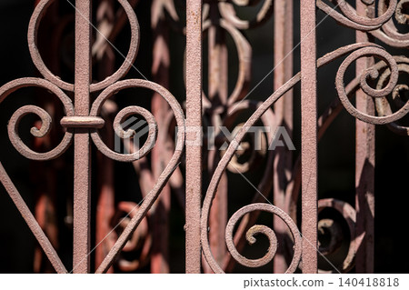 Detailed view of a decorative metal gate with various patterns in sunlight. 140418818