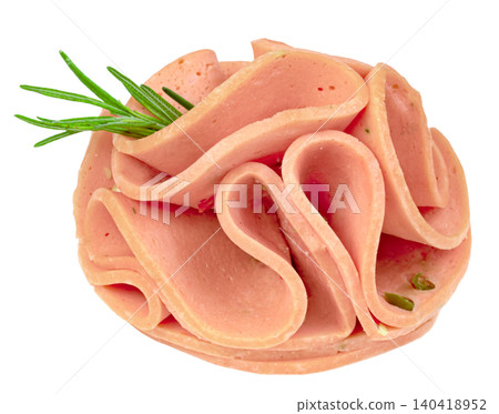 Thin slices of pink bologna sausage folded into a decorative pile with a fresh rosemary sprig, isolated. Professional food photography of cold cuts and deli meat. Thin slices of pink bologna sausage folded into a decorative pile with a fresh rosemary sprig, isolated. Professional food photography of cold cuts and deli meat. 140418952