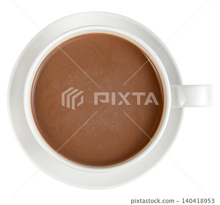 Top down view of a white ceramic cup on a saucer filled with rich hot chocolate or creamy coffee with milk. Isolated. Perfect for breakfast, morning beverage, or cafe themes. Top down view of a white ceramic cup on a saucer filled with rich hot chocolate or creamy coffee with milk. Isolated. Perfect for breakfast, morning beverage, or cafe themes. 140418953