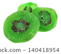 Three slices of candied kiwi fruit isolated. These dried fruit snacks have a vibrant green color, sugary texture, and visible seeds. Perfect for healthy food and snack imagery. 140418954