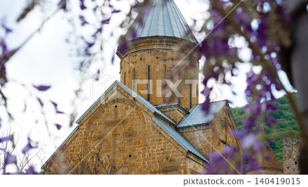 Low angle shot of a stone cathedral dome framed by blurred purple wisteria in soft daylight 140419015