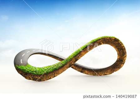 Infinity symbol road in adventure route concept. Earth land with asphalt driveway isolated on blue sky background. 3d illustration of infinity road or never ending road design advertisement. 140419087