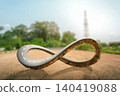 3D rendering of infinity symbol road in adventure route concept. Earth land with asphalt driveway on small green planet and blue sky background. never ending road design advertisement. 140419088