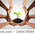 Group of diverse people care and responsibility idea as a corporation through social diverse hands nurturing a sapling tree. Social community cooperation concept. group crowdfunding investment symbol. 140419089