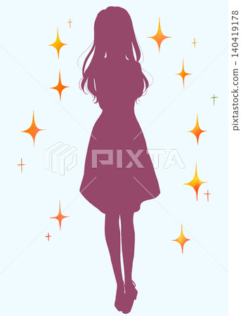 A woman in a dress, looking embarrassed, sparkling silhouette. A woman in a dress, looking embarrassed, sparkling silhouette. 140419178