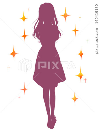 A woman in a dress, looking embarrassed, sparkling silhouette. A woman in a dress, looking embarrassed, sparkling silhouette. 140419180