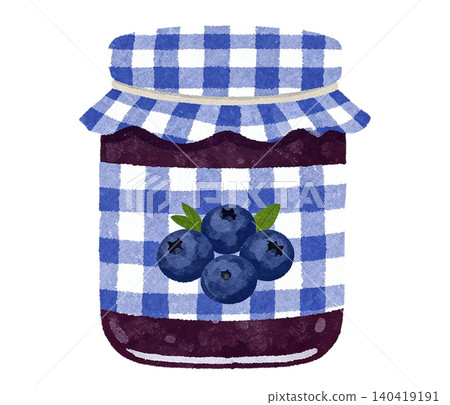 Hand drawn blueberry jam jar with gingham fabric lid and label 140419191