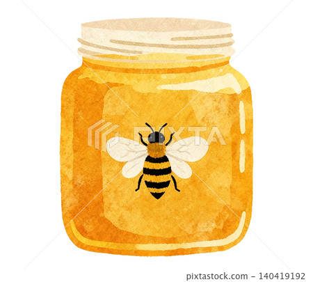 Watercolor jar filled with golden honey and a cute bee illustration Watercolor jar filled with golden honey and a cute bee illustration 140419192