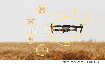 Drone flies over a smart farm field during daytime to monitor crops and gather data 140419318