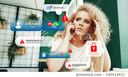 Scam call and message alert on mobile phone during a call with concern 140419412