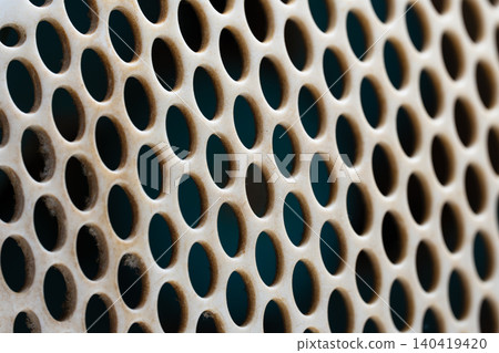 A close-up shows a metal surface with many round holes in a grid pattern. 140419420