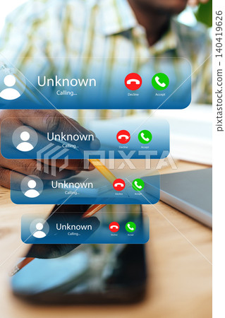 Receiving multiple scam call messages on a smartphone screen during an important task 140419626