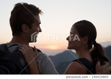 Travel, smile and couple in mountains with view of sky together on holiday or vacation abroad. Love, hiking or backpacking with happy young man and woman outdoor for tourism overseas from back Travel, smile and couple in mountains with view of sky together on holiday or vacation abroad. Love, hiking or backpacking with happy young man and woman outdoor for tourism overseas from back 140419805