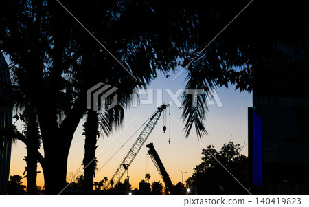 Industrial cranes against a vibrant orange sunset sky framed by dark palm tree silhouettes Industrial cranes against a vibrant orange sunset sky framed by dark palm tree silhouettes 140419823