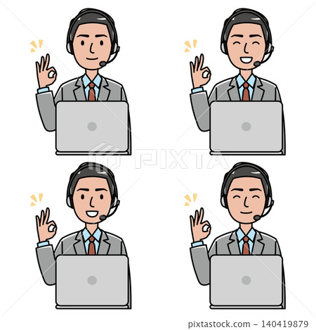 An illustration of a foreign male telephone operator giving an OK sign with a smile. 140419879